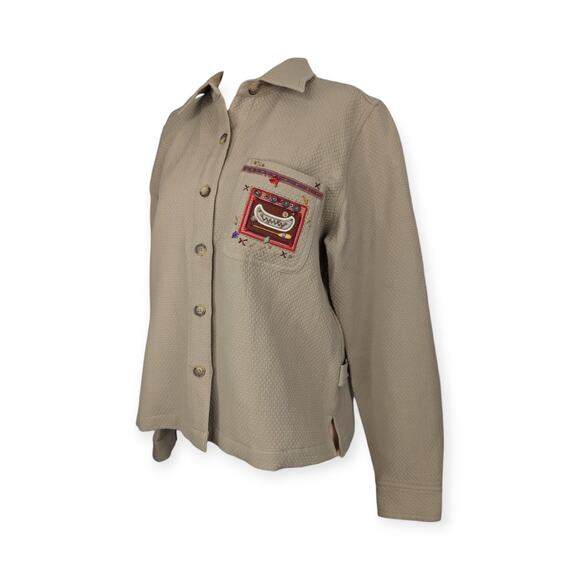 Christopher & Banks Sz S Embroidered Shirt Shacket Tan Beaded Canoe Motif - Picture 3 of 9